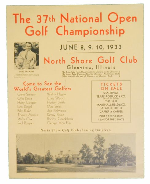 1933 US Open Broadside Display Piece Gene Sarazen