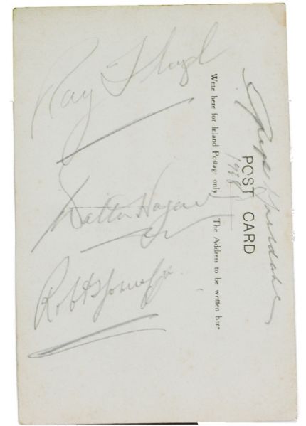 Postcard signed by Bobby Jones (twice), Walter Hagen, Ralph Guldahl, & Ray Floyd