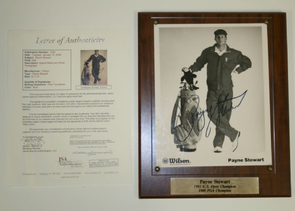 Payne Stewart Autographed 8x10 Plaque w/JSA Full Letter