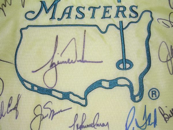 Masters Flag signed by 29 Champions With Upper Deck Authenticated Tiger Autograph