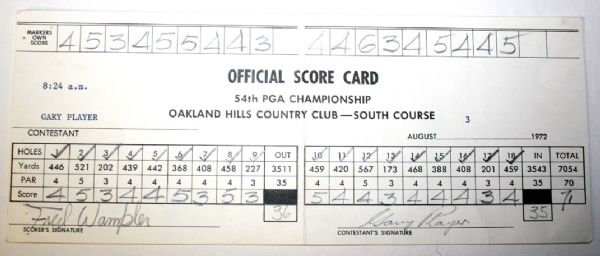1972 PGA Championship Official Score Card from Winner Gary Player Thurs/3. COA from JSA. (James Spence Authentication).
