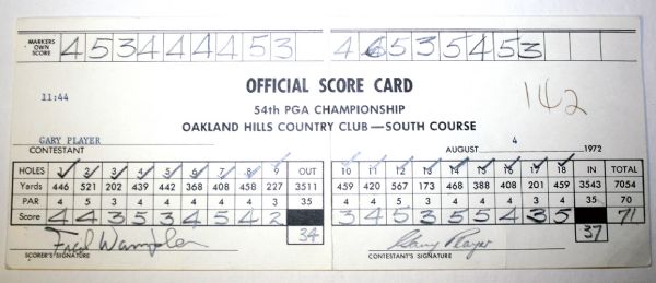 1972 PGA Championship Official Score Card from Winner Gary Player Fri/4. COA from JSA. (James Spence Authentication).