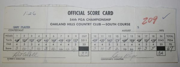 1972 PGA Championship Official Score Card from Winner Gary Player Sat/5. COA from JSA. (James Spence Authentication).