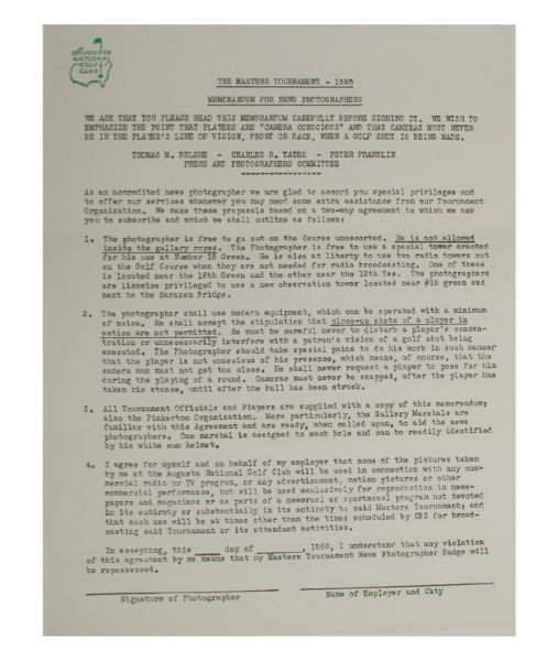 1960 Masters Photographers Contract on Augusta National Letterhead