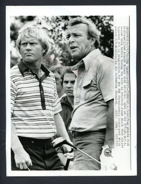 Jack Nicklaus and Arnold Palmer - Wire Photo 7/6/74 - Practice Round for PGA Championship 