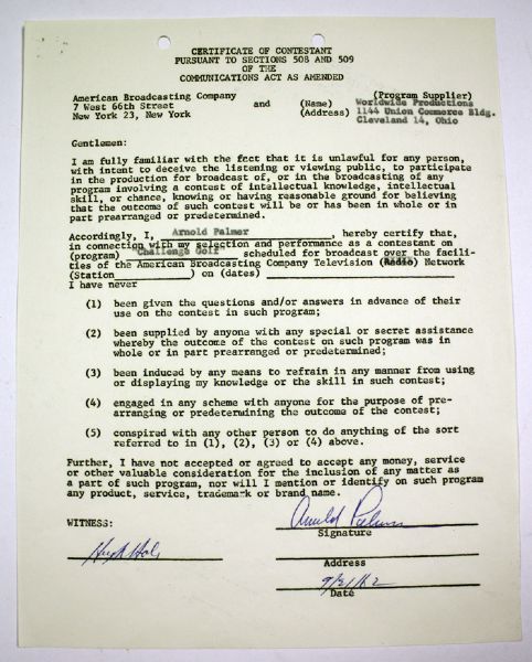 1962 Arnold Palmer signed Contract to Appear on ABC Show Challenge Golf