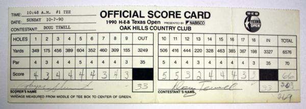 1990 Texas Open Scorecard with Payne Stewart as Scorer