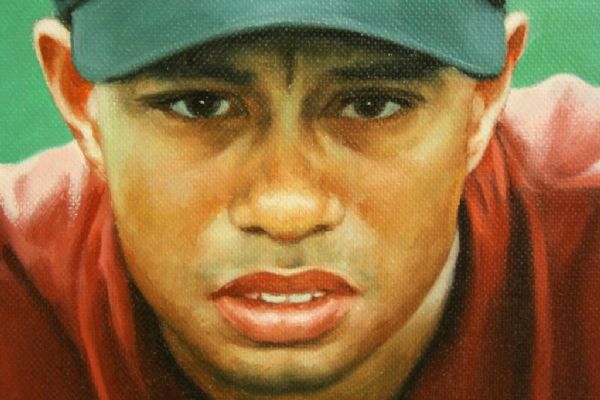 Tiger Woods Oil on Canvas Portrait by Thomas Pomeroy RARE!
