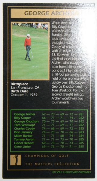 1969 Masters Champ George Archer(D-2005) Autographed Grand Slam Ventures Card