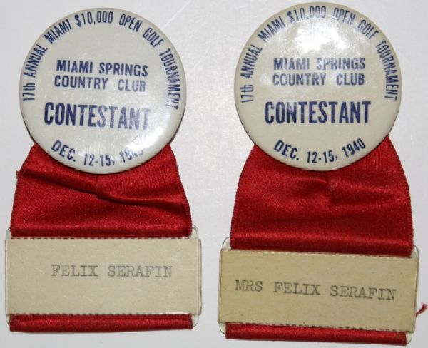 Felix Serafin's Contests Badge from 1940 Miami Open Also Included Wifes Badge From Event- Byron Nelson Champ