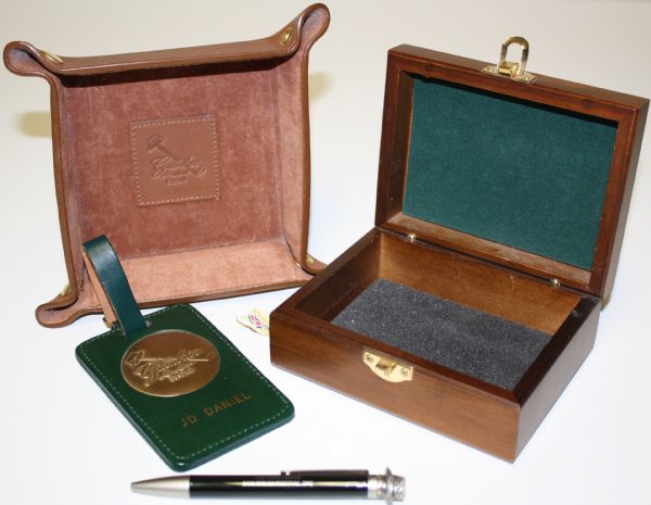 Four Item Sam Snead Greenbriar Classic Collection - Leather Holder, Snead Hat Pen, Wood Box and Bag Tag