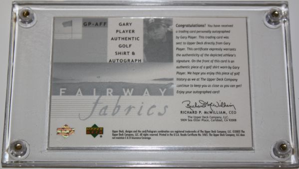 Gary Player 2002 Upper Deck Autographed 'Fairway Fabrics' Golf Card-With Swatch from Gary's Shirt