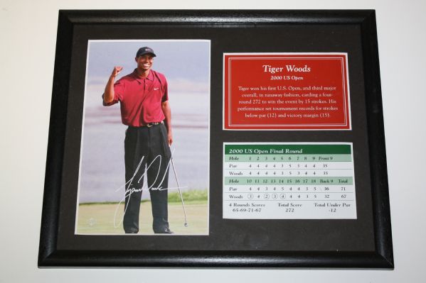 Lot of Four: Framed Upper Deck 'Tiger Woods Slam' Photos with Scorecards plus Two 3x5 Cards