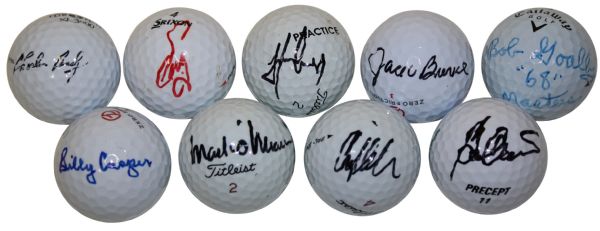 Lot of 9 Masters Autographed Golf Balls: Charles Coody, Fuzzy Zoeller, Trevor Immelman, Jack Burke, Bob Goalby, Billy Casper, Mark O'Meara, Craig Stadler, and Ben Crenshaw JSA COA!