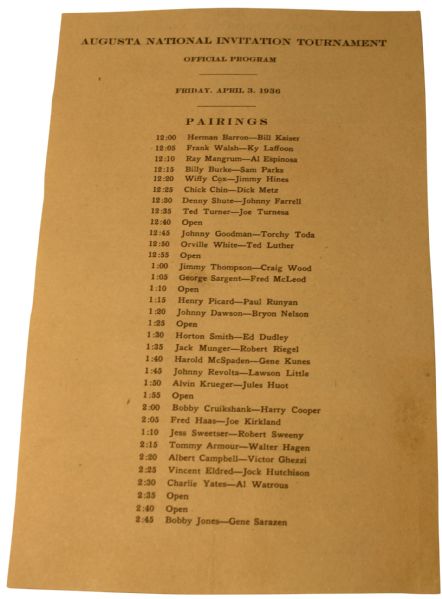 1936 Augusta National Invitation Tournament Program/Pairings Sheet ONLY ONE KNOWN!