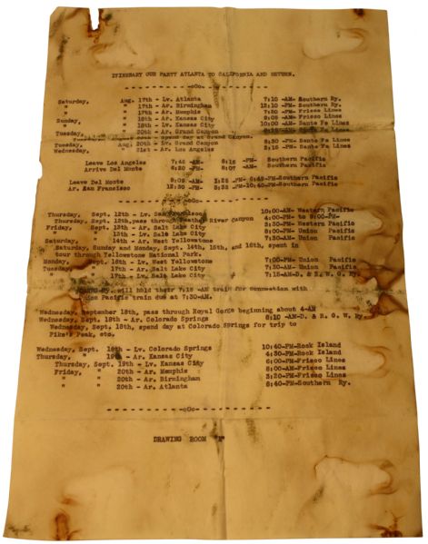 Bobby Jones and Charles Black JR.  Travel Itinerary to 1929 US Open at Pebble Beach W/Bobby Jones Handwriting) - 2 Pages