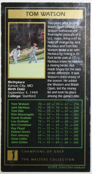Tom Watson Signed 1993 Grand Slam Ventures Golf Card