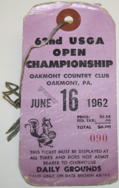 62nd USGA Open Championship Ticket - Oakmont - 6/16/1962-Jack Nicklaus First Career Win!
