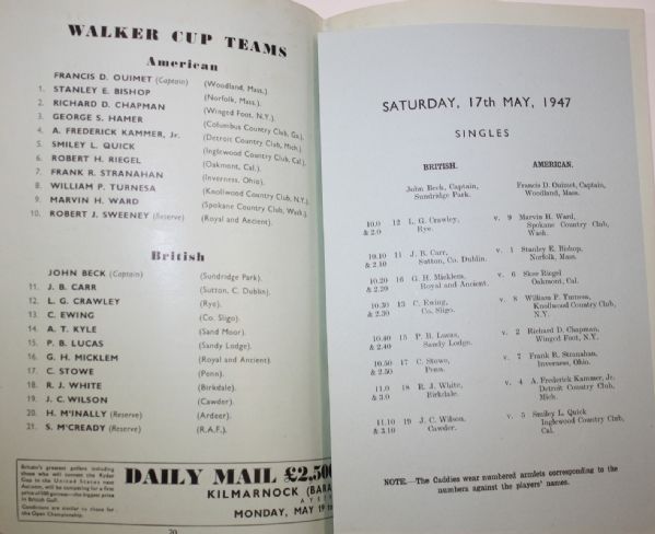 1947 Walker Cup Program at St. Andrews with Saturdays Pairings - Francis Quimet Captain