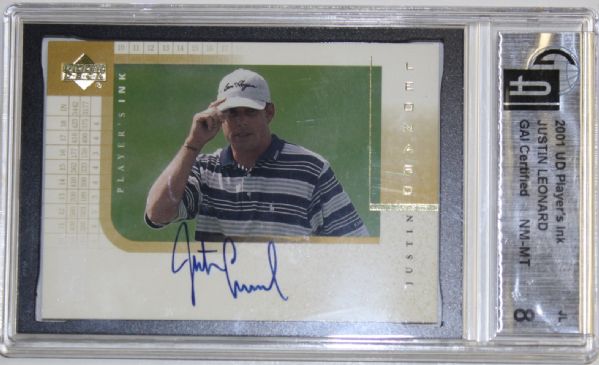 2001 Upper Deck Players Ink GOLD Justin Leonard Unnumbered Autographed Golf Card - GAI Graded 8