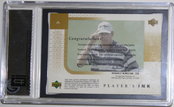2001 Upper Deck Players Ink GOLD Justin Leonard Unnumbered Autographed Golf Card - GAI Graded 8