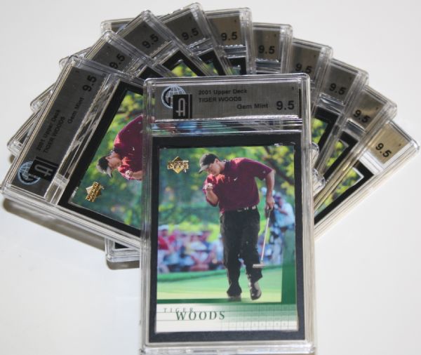 Lot of 11 2001 Upper Deck Tiger Woods GAI 9.5 Rated Golf Cards