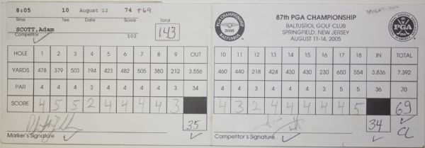 2005 PGA Scorecard - Adam Scott Scorecard w/Champion Phil Mickelson Marker Actual Card 