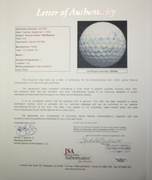 Herman Keiser Autographed Golf Ball w/1946 Masters Inscription - JSA Letter