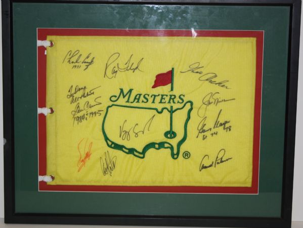 Undated Masters Flag Signed by 10 including Palmer, Player, Nicklaus, and more - Framed
