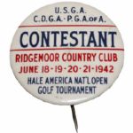 1942 USGA Hale America National Open Contestant Pin - Ridgemoor Country Club