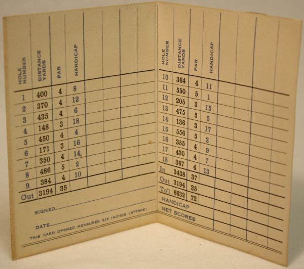 Augusta Country Club Scorecard - Hill Course from 1936