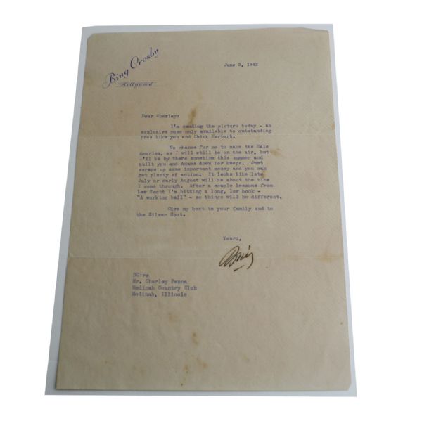 1942 Bing Crosby Letter to Charley Penna - Great Gambling, Golf Content