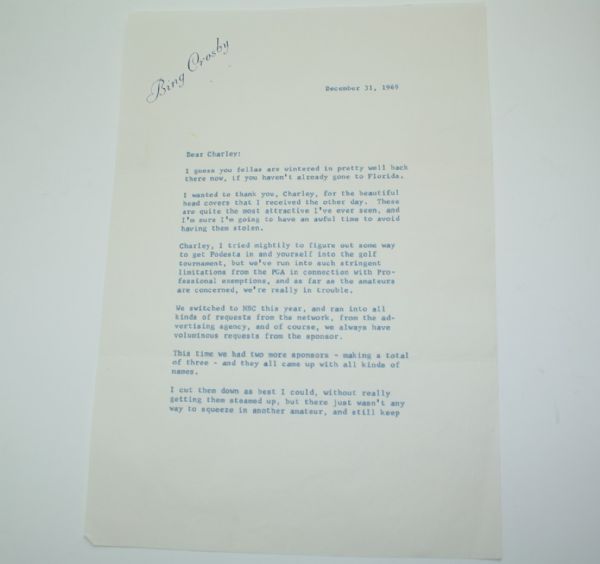 1969 2pg Letter from Bing Crosby to Charley Penna 