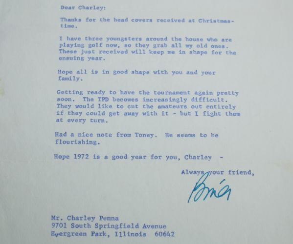 1972 Letter from Bing Crosby to Charley Penna - with Envelope