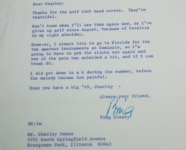 1969 Letter from Bing Crosby to Charley Penna - with Envelope TLS