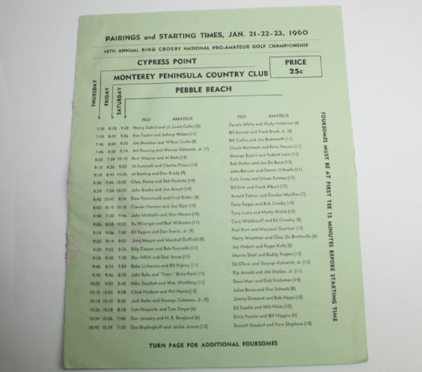 1960 Bing Crosby Program, pairing sheet ,Cypress Point Scorecard and Photo- Ken Venturi Win!