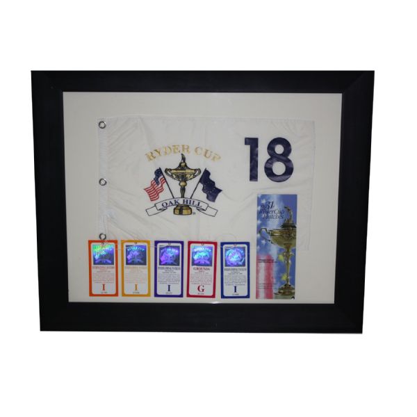 Framed Flag, Tickets, and Pairing Sheets for 1995 Ryder Cup from Oak Hill
