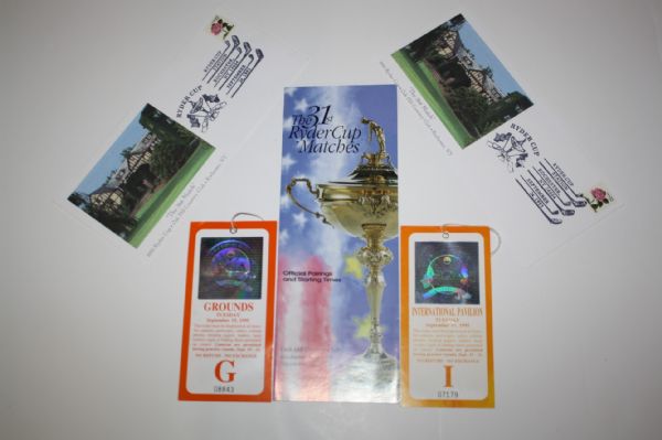 Framed Flag, Tickets, and Pairing Sheets for 1995 Ryder Cup from Oak Hill