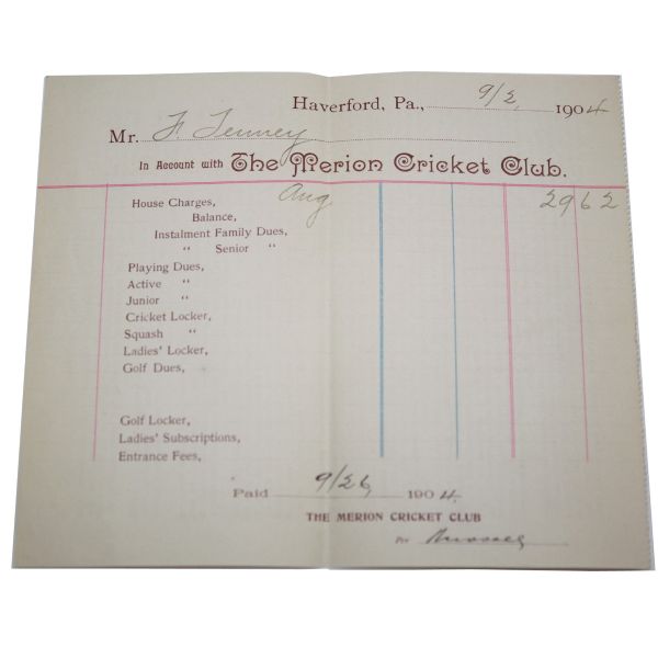 1904 Merion Cricket Club Shop Receipt