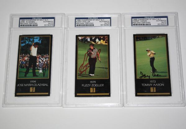 Three Signed G.S.V. Cards: Jose Maria Olazabal, Fuzzy Zoeller, and Tommy Aaron (PSA Slabbed)