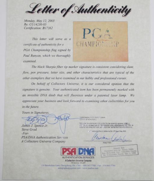 Paul Runyan Signed Undated PGA Championship Flag - PSA17362