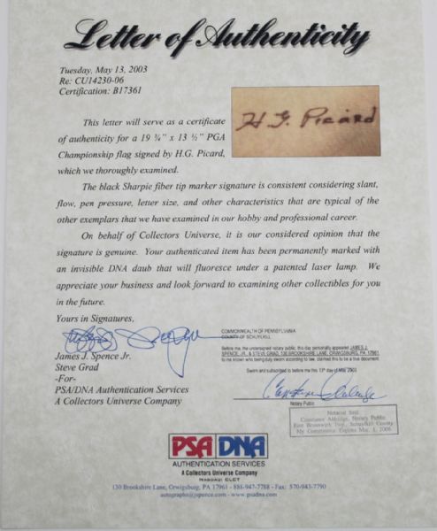 H. G. Picard Signed Undated PGA Championship - PSA B17361