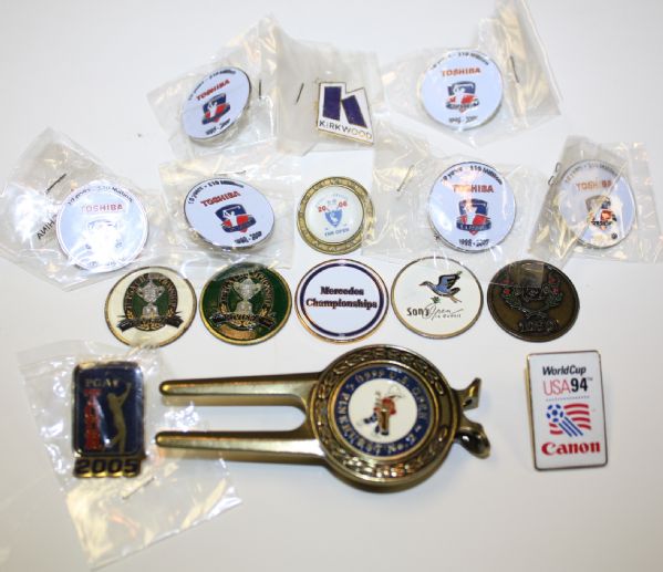 Lot of 16 Assorted Golf Pins and Ball Markers