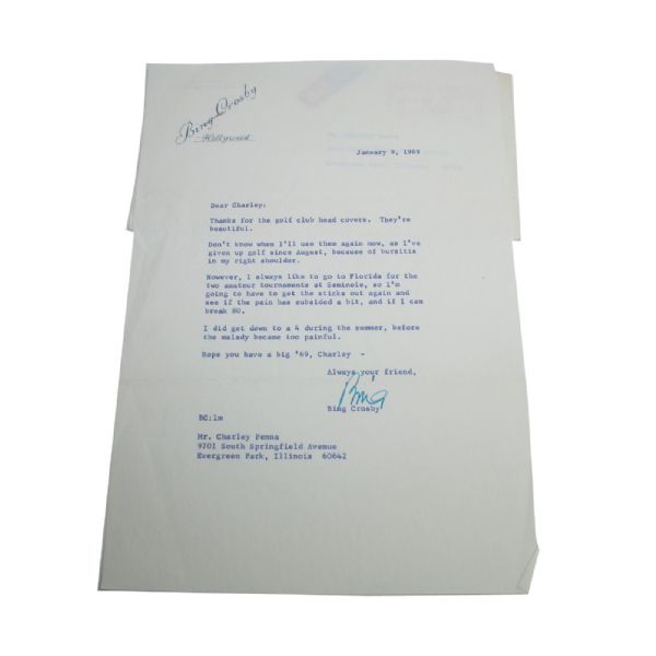 1969 Letter from Bing Crosby to Charley Penna - with Envelope TLS