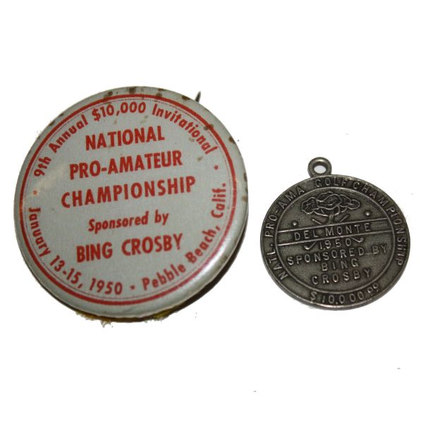1950 Bing Crosby Pro-Am Contestants Pin and Button for Pebble Beach and Del Monte 