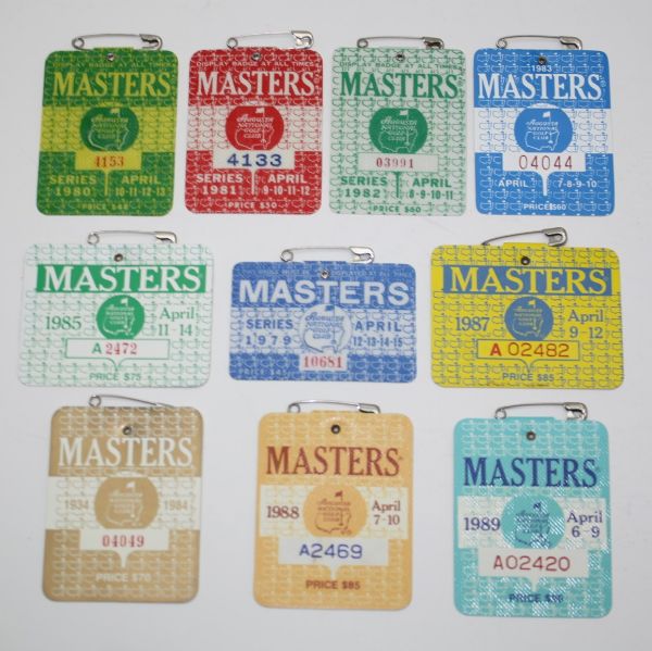 Lot of Ten Masters Badges - 1979-1989 - Excludes 1986 Badge JSA COA