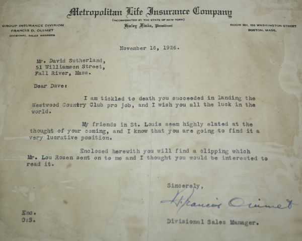 1926 Francis Ouimet Signed (TLS) on MetLife Letterhead JSA COA