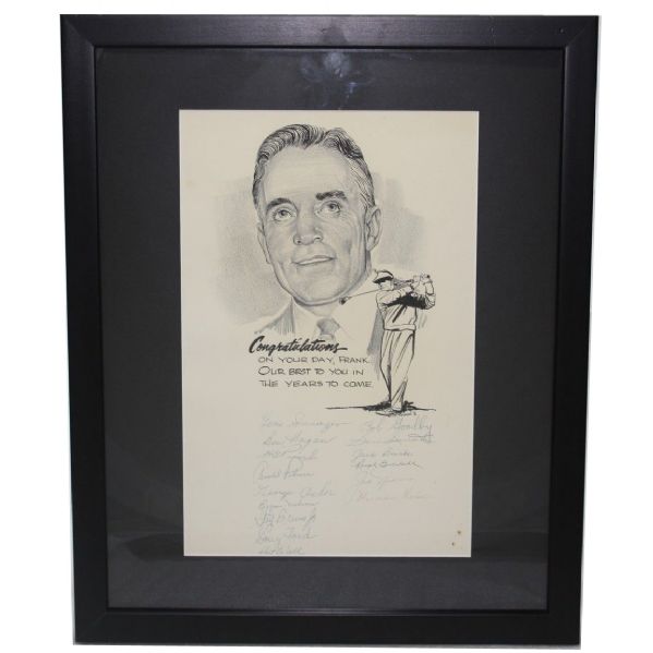 15 Masters Champs Autographs on Original Dugan Cartoon for 1970 Frank Stranahan Day