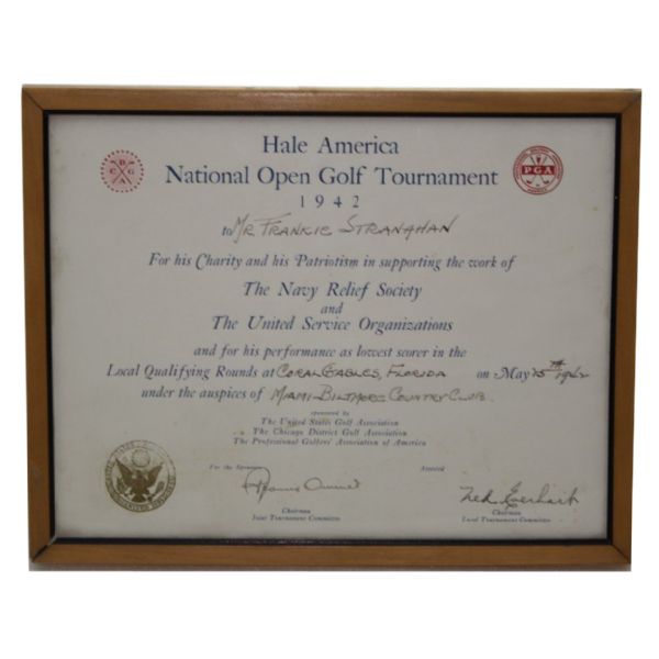 Frank Stranahan's 1942 Hale America Low Qualifier Award Signed by Francis Ouimet 