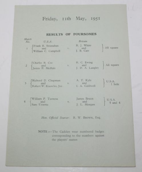 1951 Walker Cup Program - Royal Birkdale Golf Club